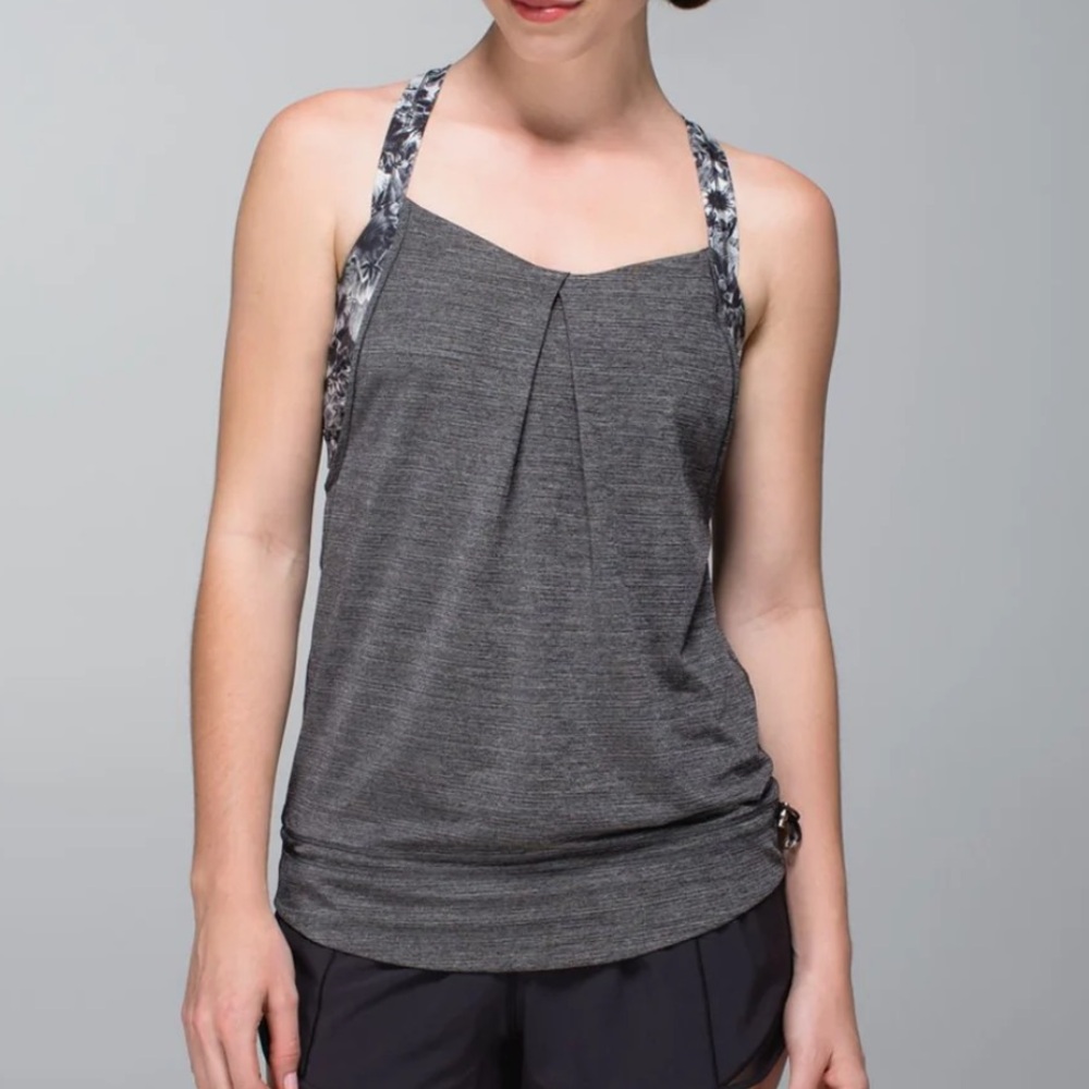 Lululemon Rest Less Tank in Heathered Black and Flowabunga Black Angel Wing.